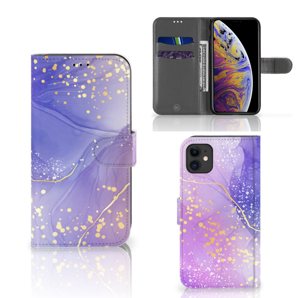 Hoesje voor Apple iPhone 11 Watercolor Paars met gouden details en ruimte voor pasjes.