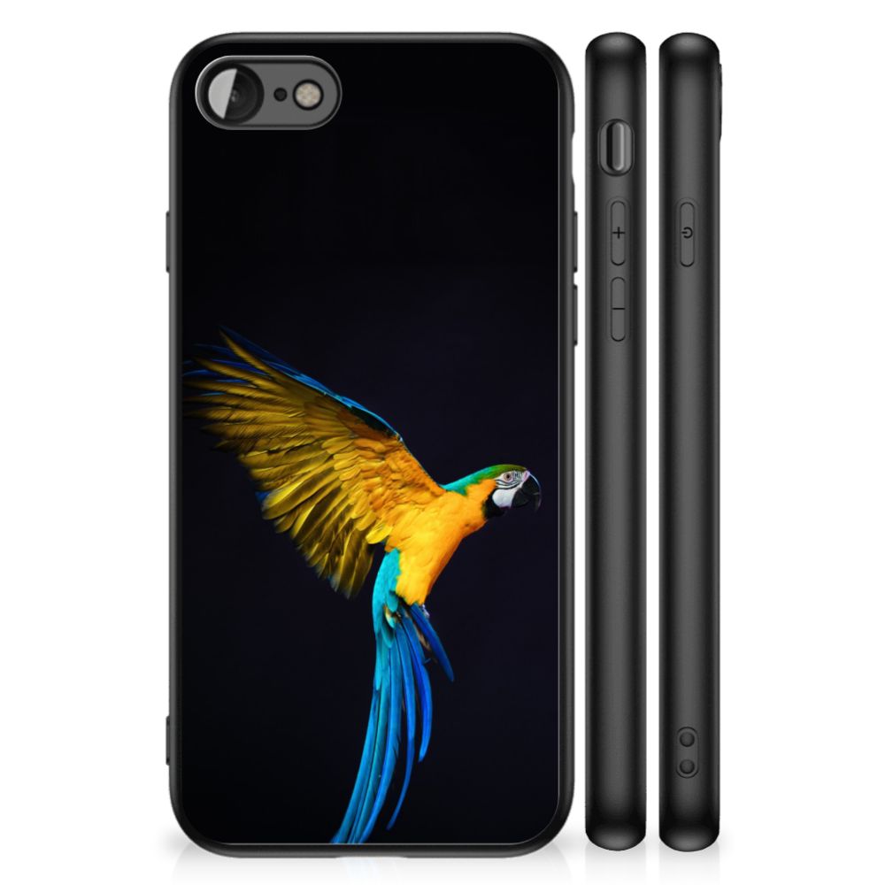 iPhone SE 2022 | SE 2020 | 7/8 Dierenprint Telefoonhoesje Papegaai met kleurrijk papegaai design op zwarte achtergrond.