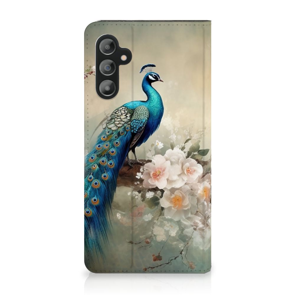 Hoesje maken voor Samsung Galaxy A14 5G Vintage Pauwen met kleurrijke pauw en bloemenprints.