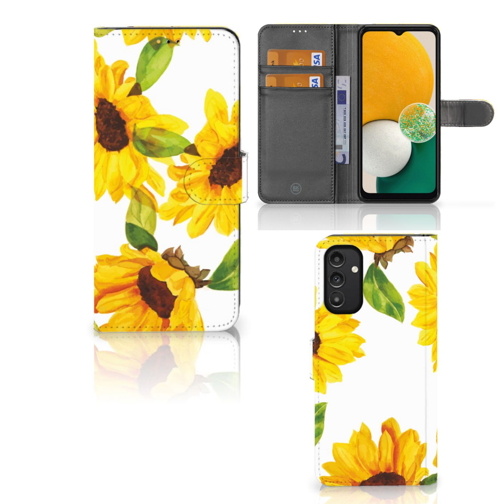 Hoesje voor Samsung Galaxy A14 5G Zonnebloemen met kleurrijk zonnebloemdesign en ruimte voor drie pasjes.