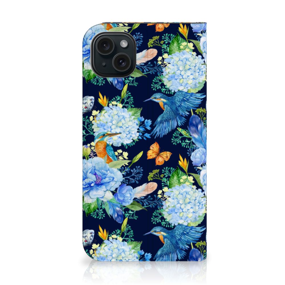 Hoesje maken voor iPhone 15 Plus IJsvogel met bloemen en vlinders 🌸🦋