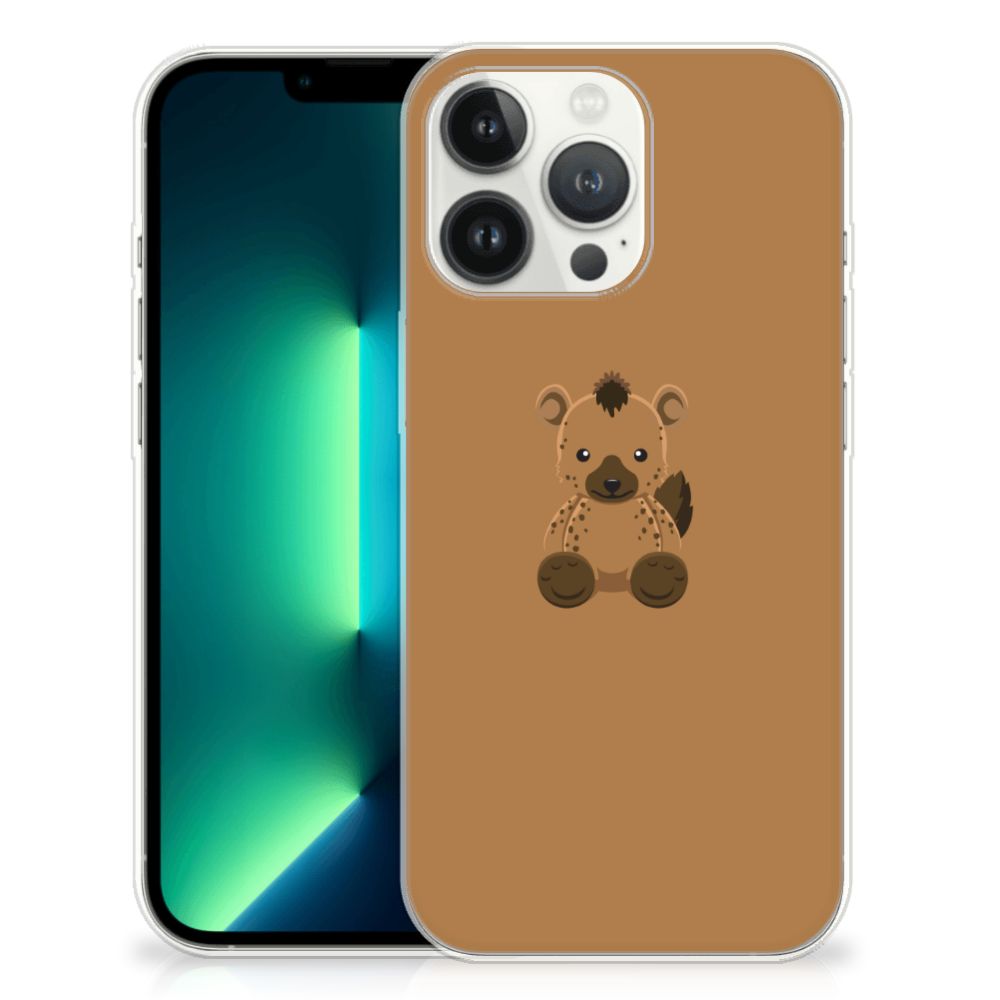iPhone 13 Pro Max Telefoonhoesje met Naam Baby Hyena ontwerp van een schattige baby hyena 🦩 op een bruin achtergrond.