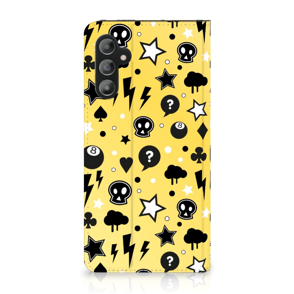Mobiel BookCase Samsung Galaxy A14 5G Punk Geel met zwart-witte punkdesign op een gele achtergrond.