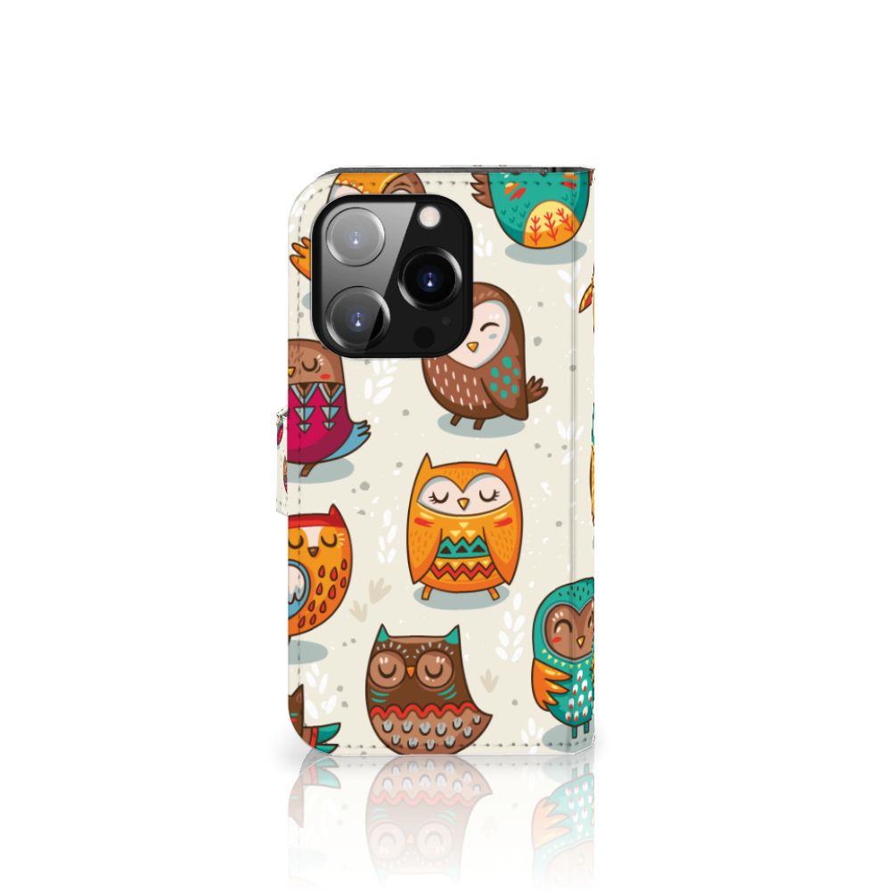 iPhone 14 Pro Telefoonhoesje met Pasjes Vrolijke Uilen