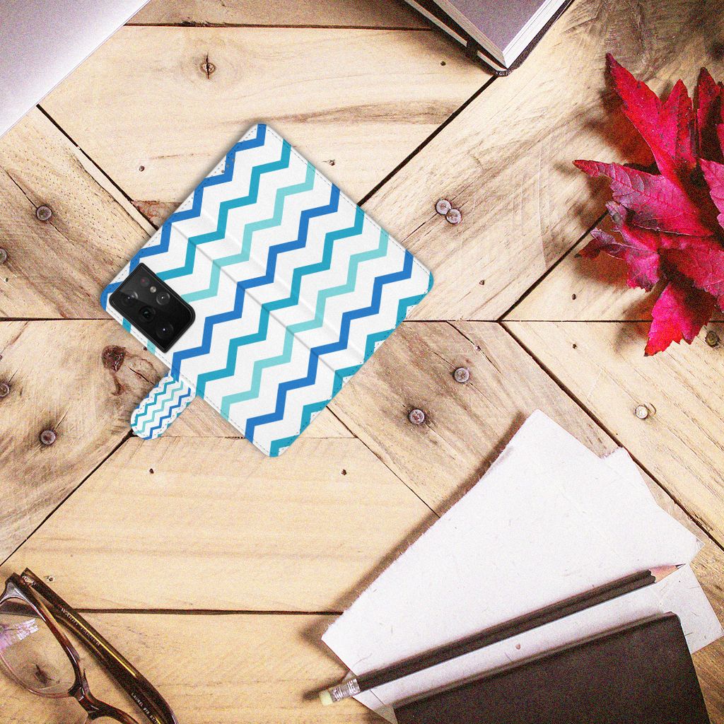 Samsung Galaxy S21 Ultra Telefoon Hoesje Zigzag Blauw