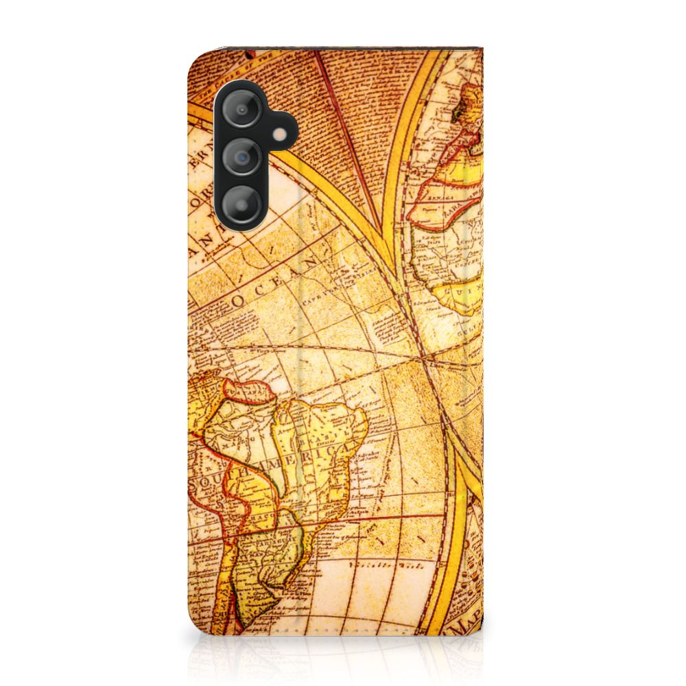 Samsung Galaxy A14 4G Book Cover Kompas met wereldkaart opdruk en vintage uitstraling.
