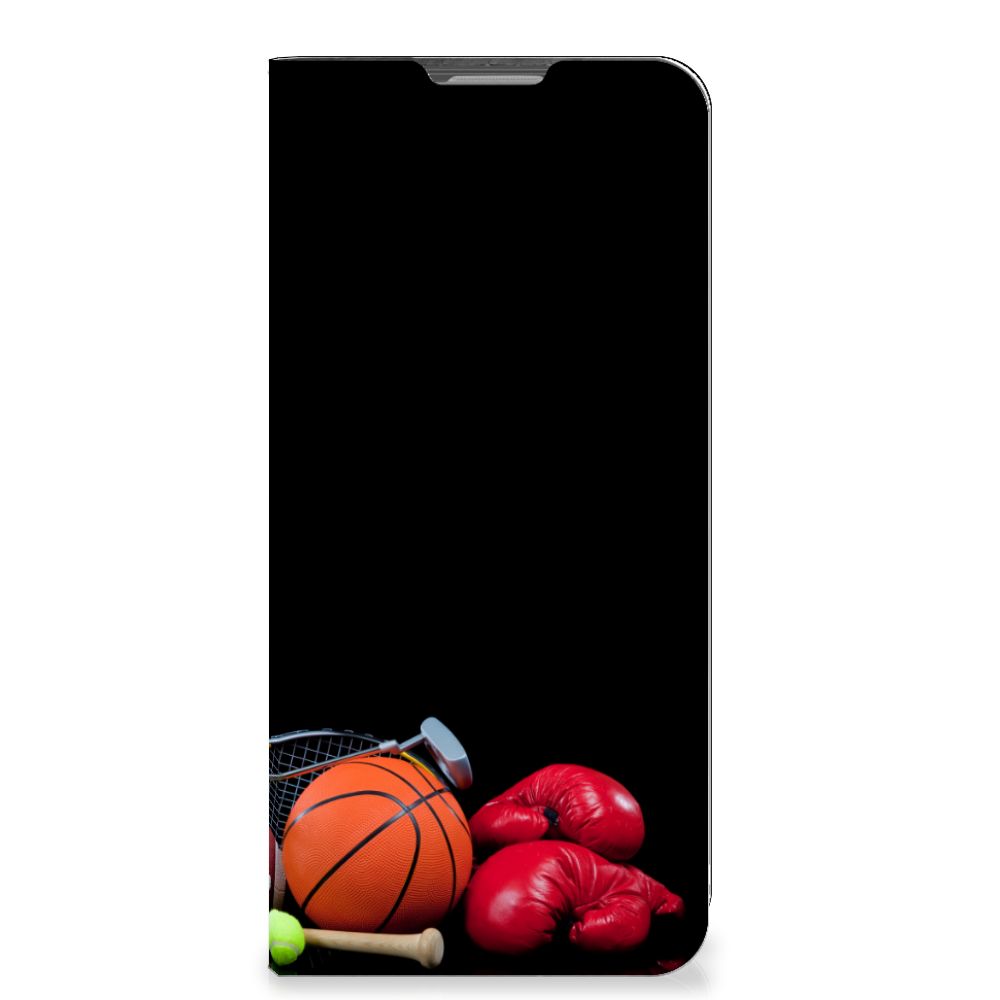 OPPO Reno8 Lite Hippe Standcase Sports with various sports equipment like basketball and boxing gloves.