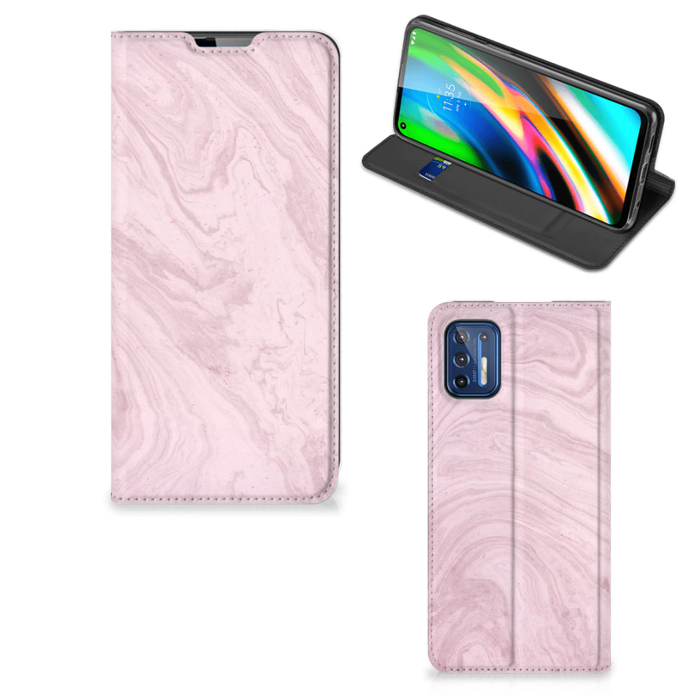 Motorola Moto G9 Plus Standcase Marble Pink - Origineel Cadeau Vriendin