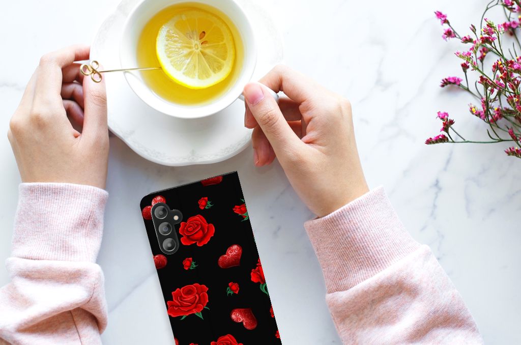 Samsung Galaxy A14 5G Magnet Case Valentine design displayed with tea and lemon