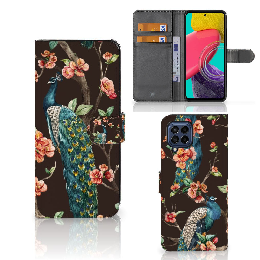 Samsung Galaxy M53 Telefoonhoesje met Pasjes Pauw met Bloemen