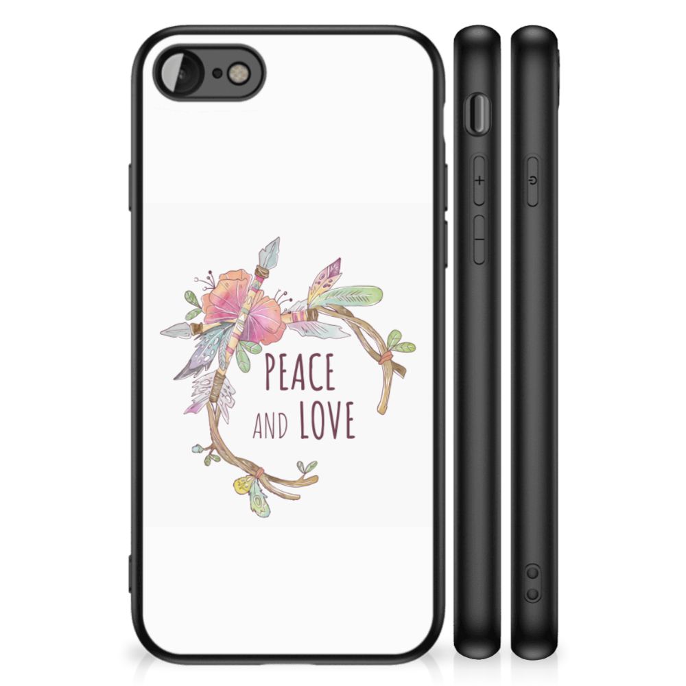 iPhone SE 2022 | SE 2020 | 7/8 Hoesje Boho Text met ontwerp van bloemen en de tekst "Peace and Love".