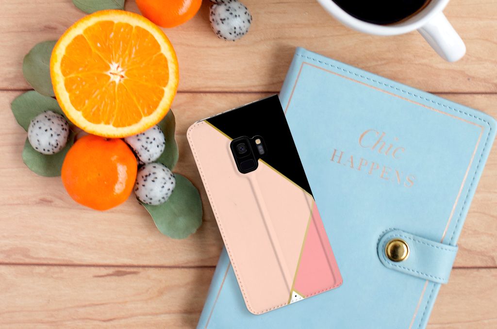 Samsung Galaxy S9 Stand Case Zwart Roze Vormen