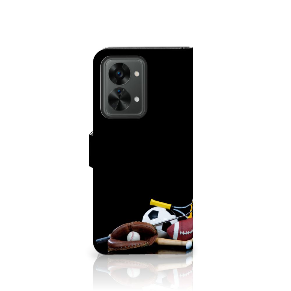 OnePlus Nord 2T Wallet Case met Pasjes Sports met sportattributen zoals voetbal en tennis.