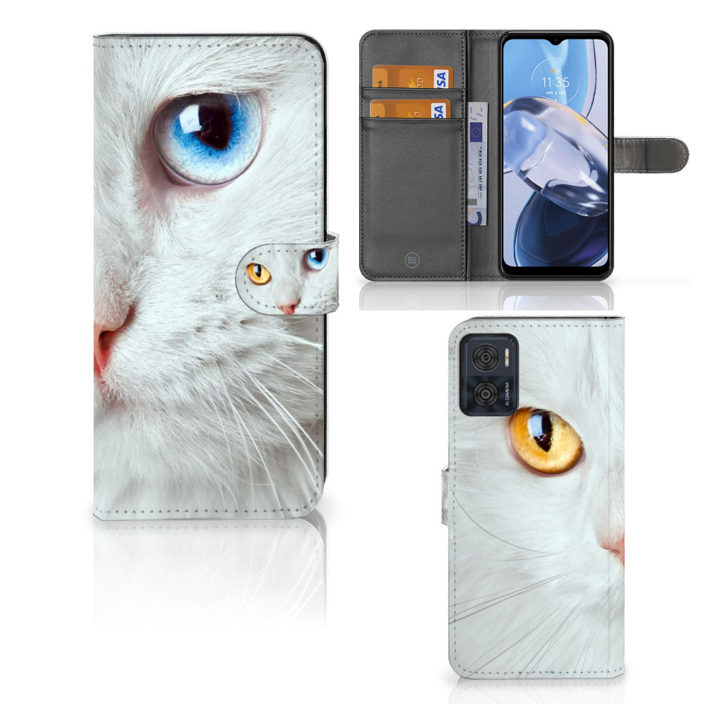 Motorola Moto E22 | E22i Telefoonhoesje met Pasjes Witte Kat