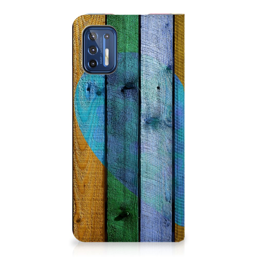 Motorola Moto G9 Plus Book Wallet Case Wood Heart - Cadeau voor je Vriend - B2C Telecom