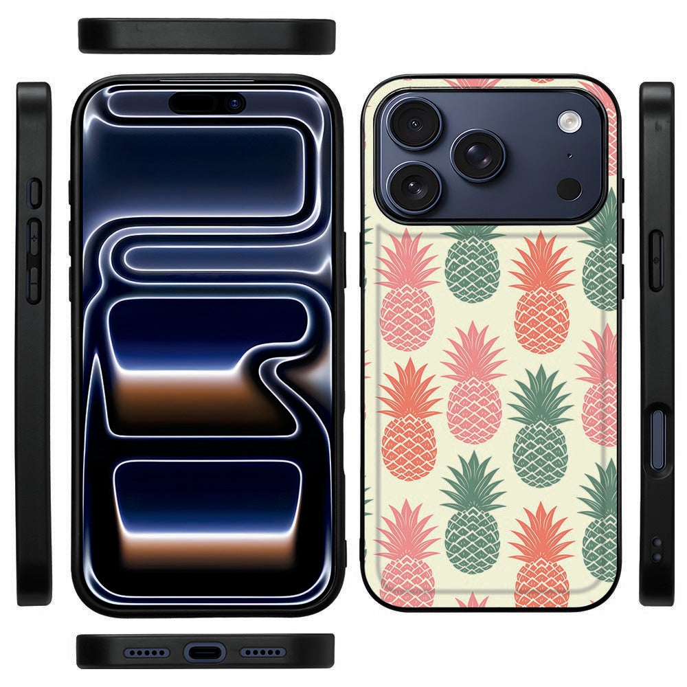 Zijkant van de Ananas back cover voor iPhone 18 Pro Max met zwarte TPU-rand en knopuitsparingen