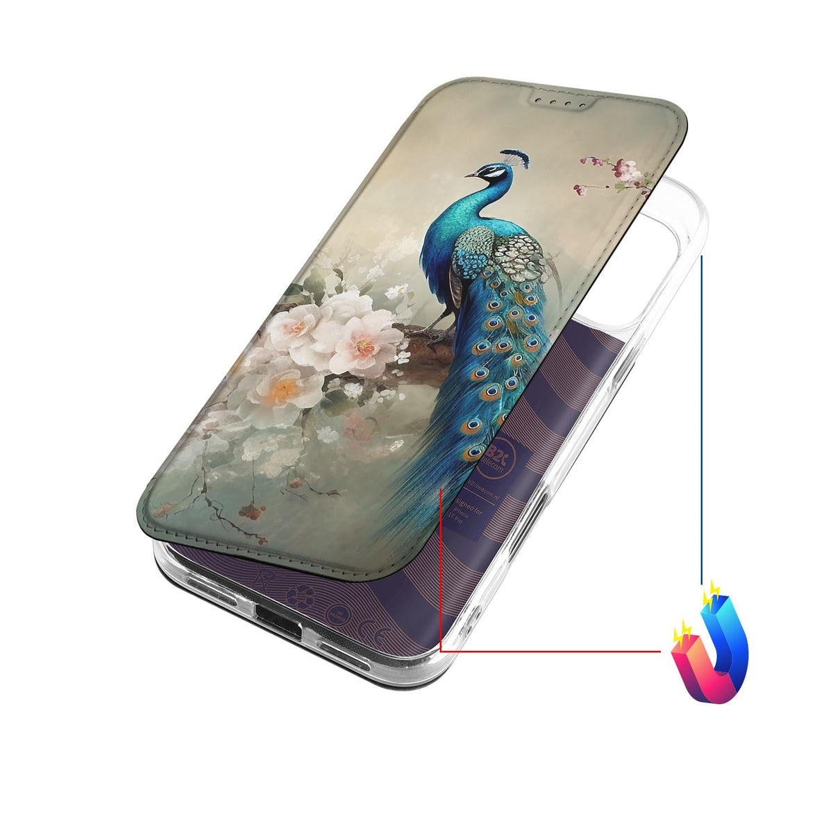 Apple iPhone 18 Pro Bookcase Vintage Pauwen bookcase pauwprint bloemen bovenaanzicht