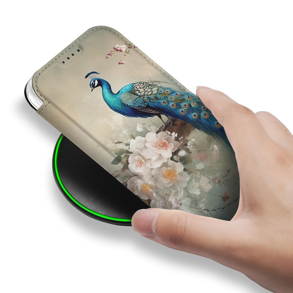 Apple iPhone 18 Pro Bookcase Vintage Pauwen hand waardoor laat zien pauwenprint bloemen vooraanzicht