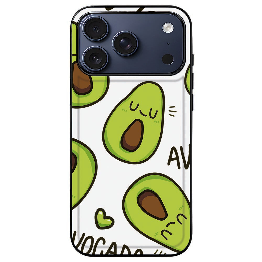 iPhone 18 Pro Max in het Avocado Singing hoesje, illustratie binnen het zwarte kader