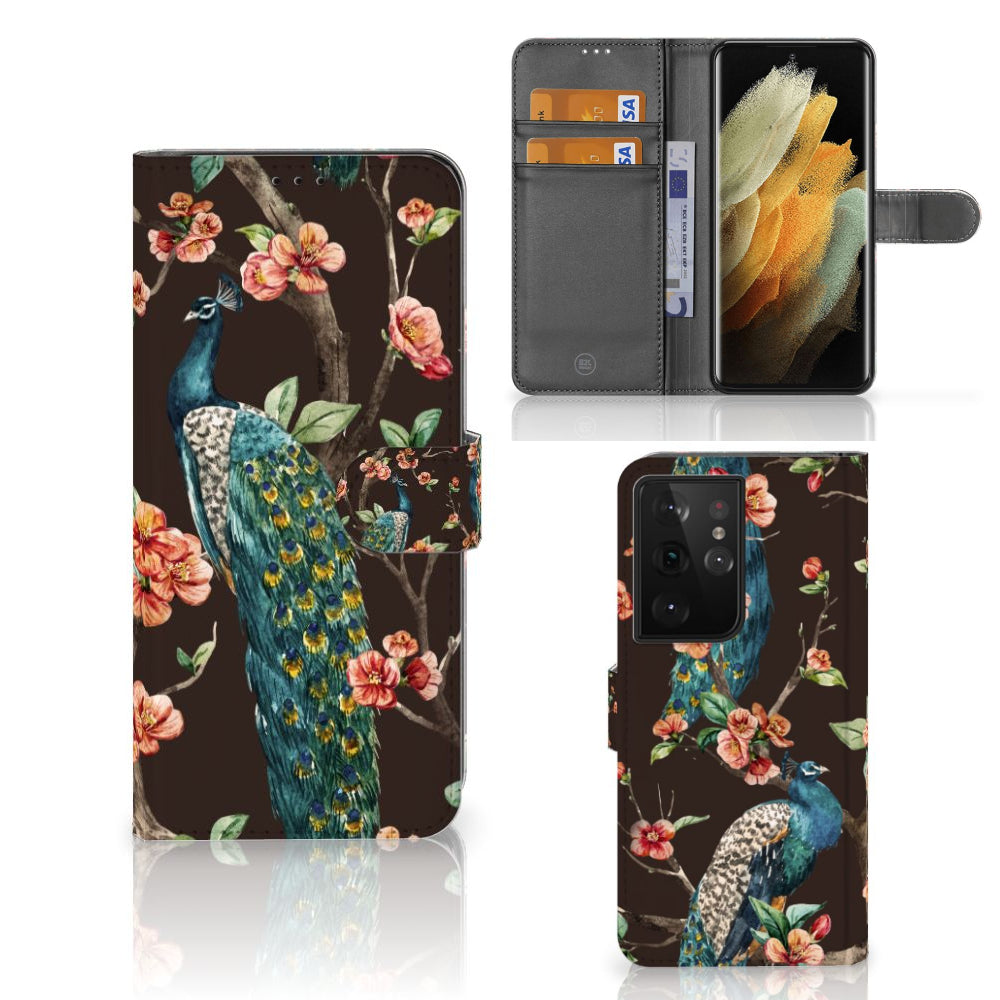 Samsung Galaxy S21 Ultra Telefoonhoesje met Pasjes Pauw met Bloemen