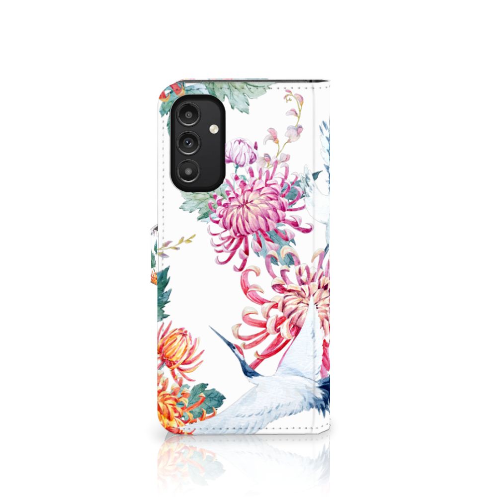 Samsung Galaxy A14 5G Telefoonhoesje met Pasjes Bird Flowers met kleurrijke bloemen en ooievaars.