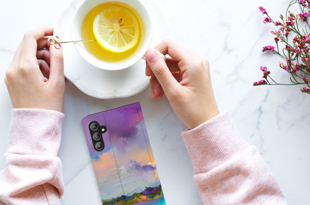 Bookcase Samsung Galaxy A14 4G Boat displayed with tea and flowers on a marble surface.