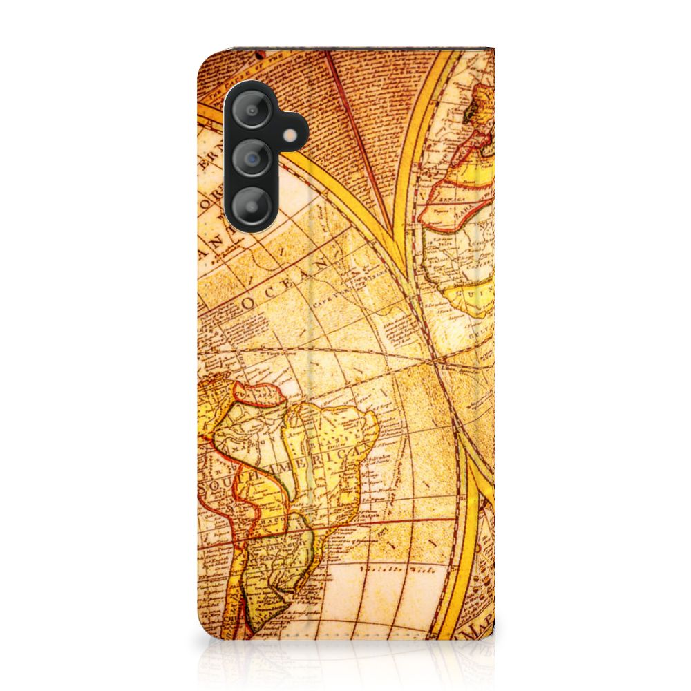 Samsung Galaxy A14 5G Book Cover Kompas met vintage wereldkaart design op de achterkant.
