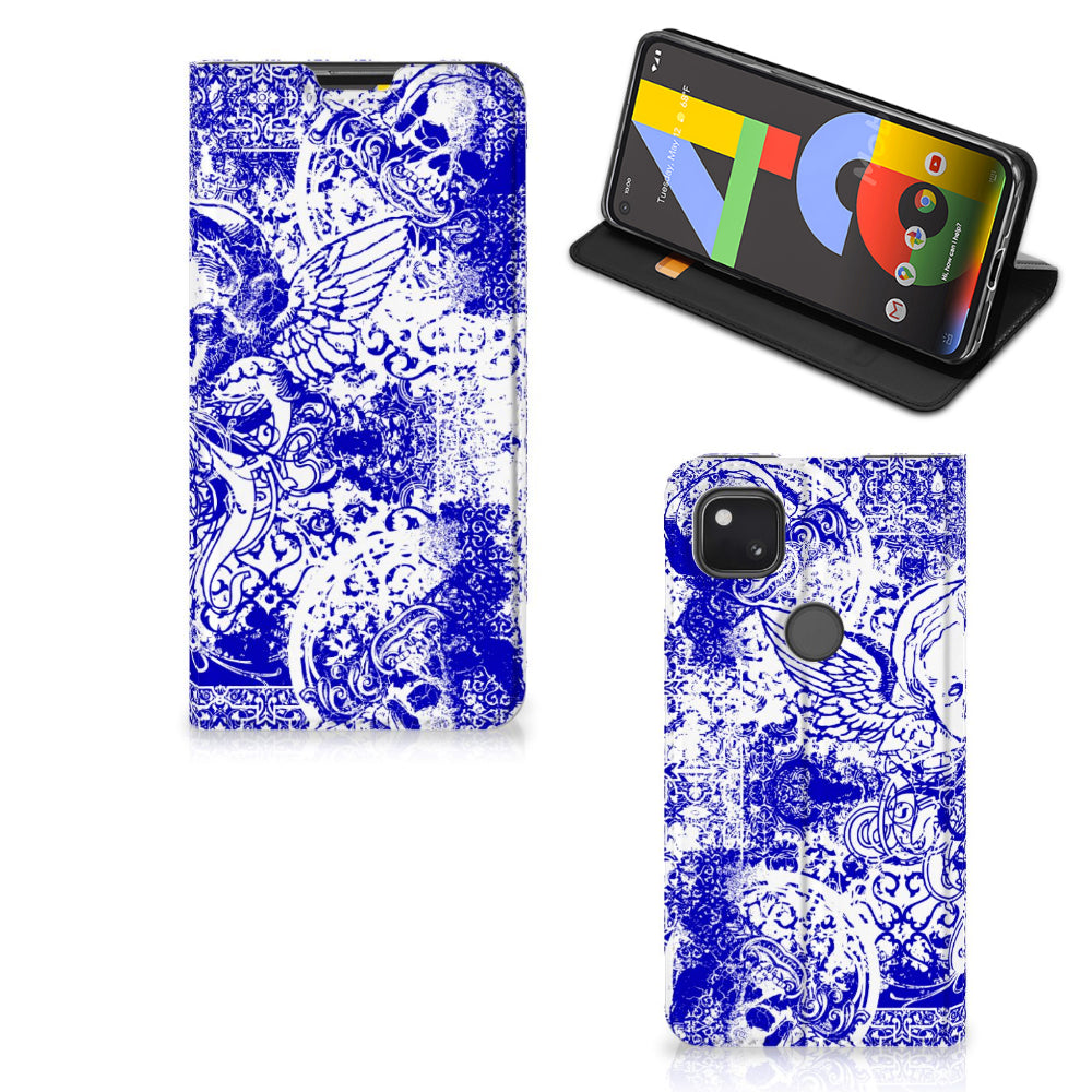 Mobiel BookCase Google Pixel 4a Angel Skull Blauw