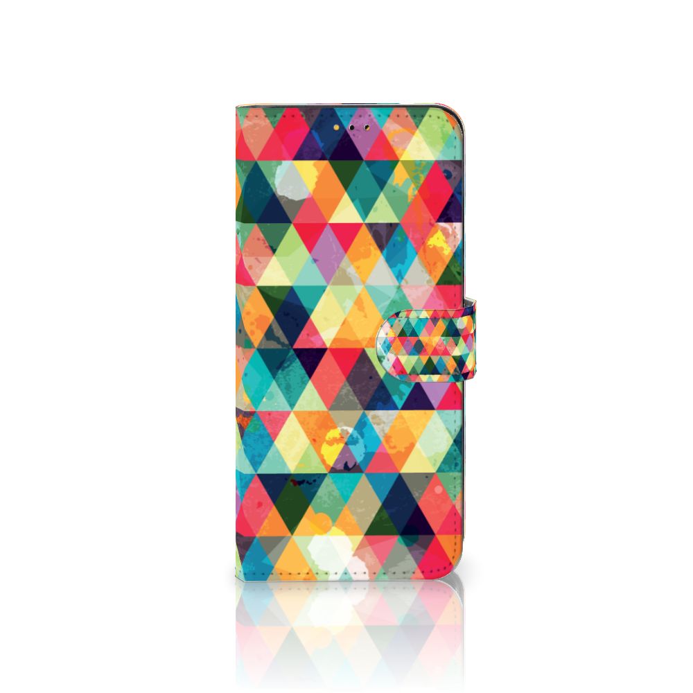 Samsung Galaxy A14 5G Telefoon Hoesje Geruit met kleurrijk ruitjesdesign en ruimte voor 3 pasjes.