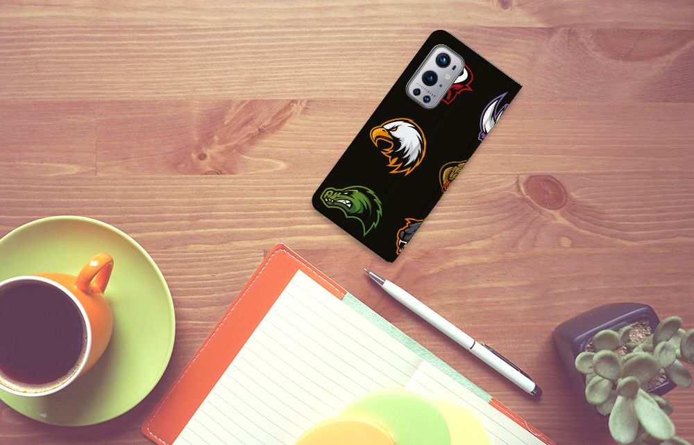 OnePlus 9 Pro Magnet Case Cartoon featuring colorful animal designs on a sleek black case