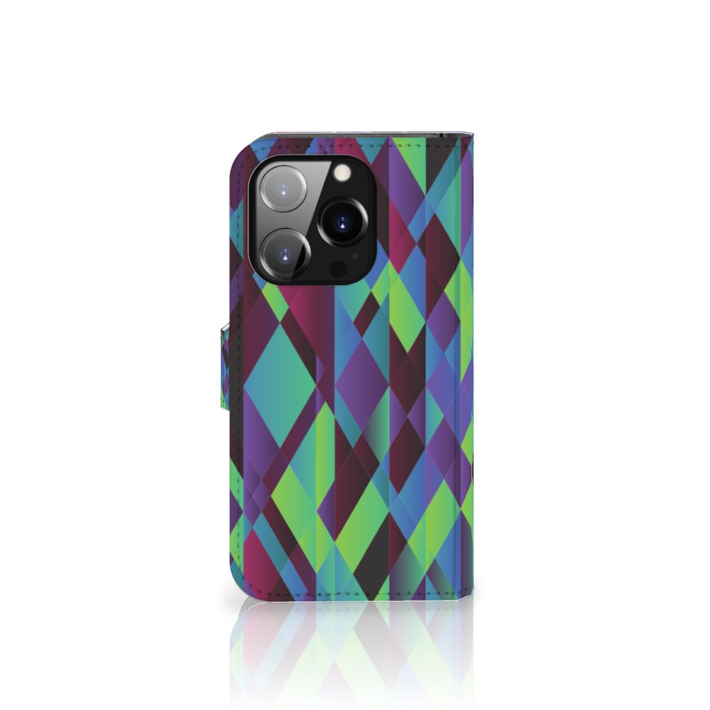 iPhone 14 Pro Book Case Abstract Green Blue in vibrant geometric design with green, blue, and purple colors 🎨.