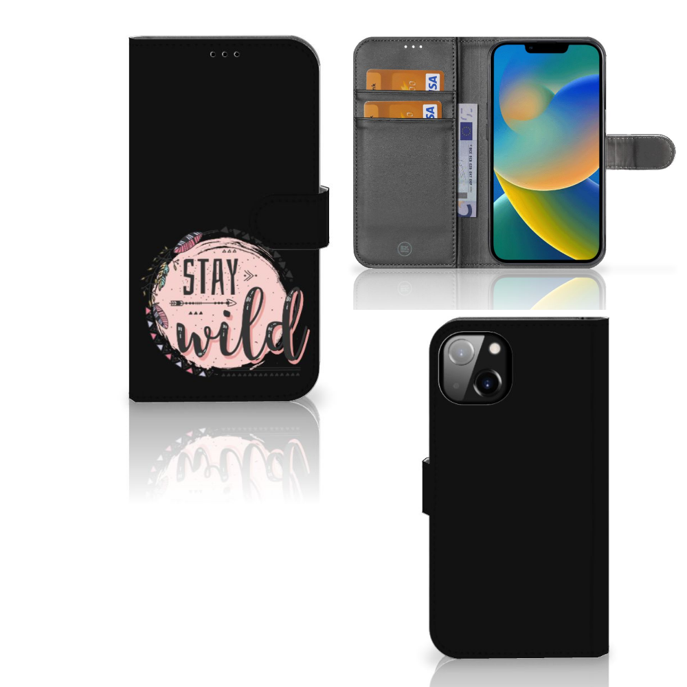 iPhone 14 Plus Leuk Hoesje Boho Stay Wild, zwart met Stay Wild design, inclusief pasjes en briefgeld vakjes.