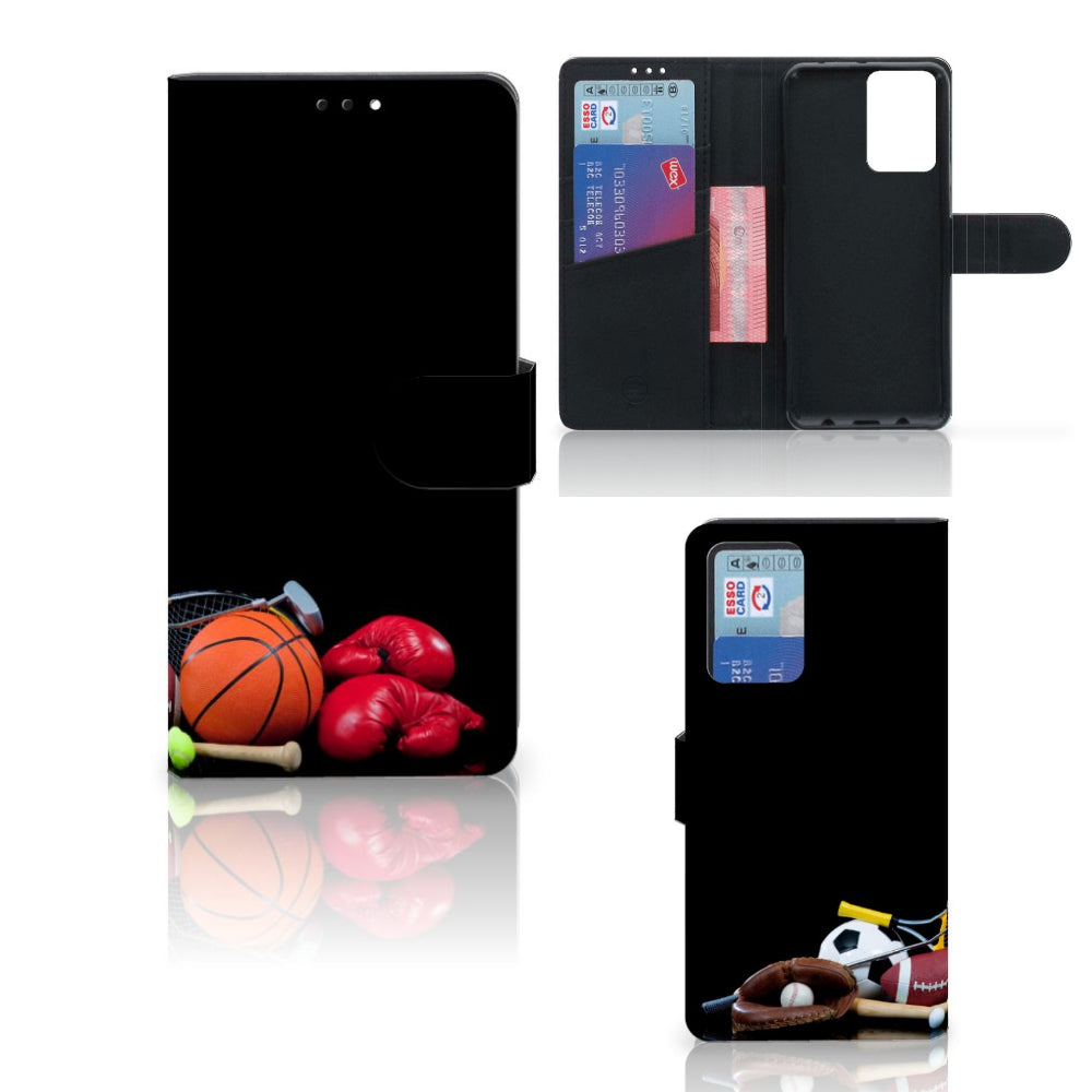 Xiaomi Redmi Note 10 Pro Wallet Case met Pasjes Sports ontwerp met sportuitrusting zoals basketballen en bokshandschoenen.