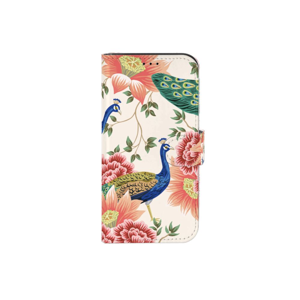Telefoonhoesje met Pasjes voor iPhone 13 Pro Pink Peacock met kleurrijke pauwen en bloemenprint 🌸