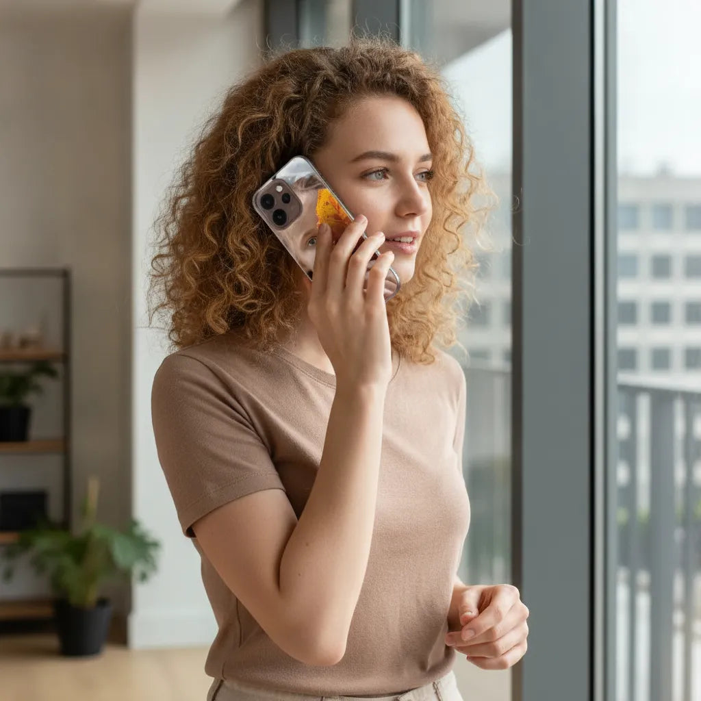 Vrouw met OPPO Reno15 Pro hoesje ontwerpen met eigen foto, terwijl ze aan het bellen is.