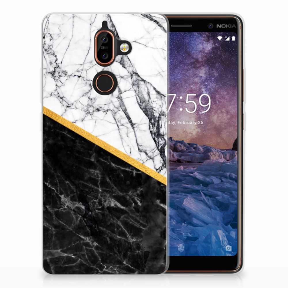 Nokia 7 Plus TPU Siliconen Hoesje Marmer Wit Zwart - Origineel Cadeau Man