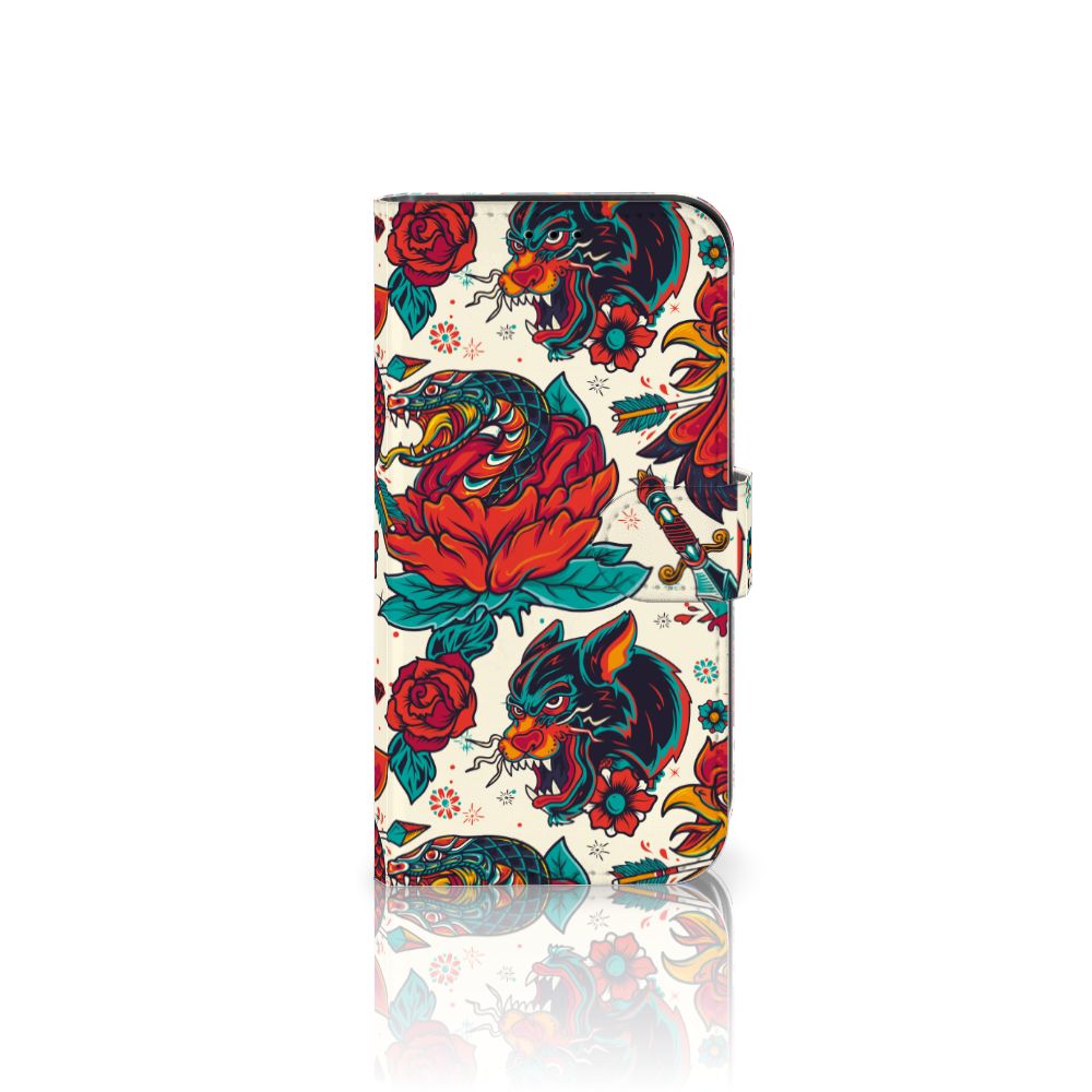 Telefoonhoesje met foto voor Apple iPhone 13 Old Skool met kleurrijk tattoo-achtig ontwerp van bloemen en panters 🌺.