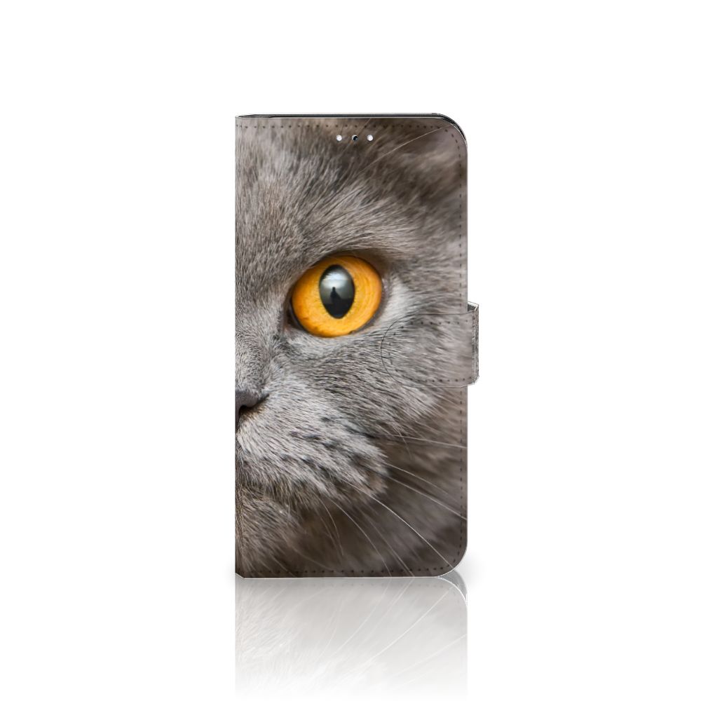 Telefoonhoesje met Pasjes Samsung Galaxy A54 5G Britse Korthaar met grijze kat en gele ogen.