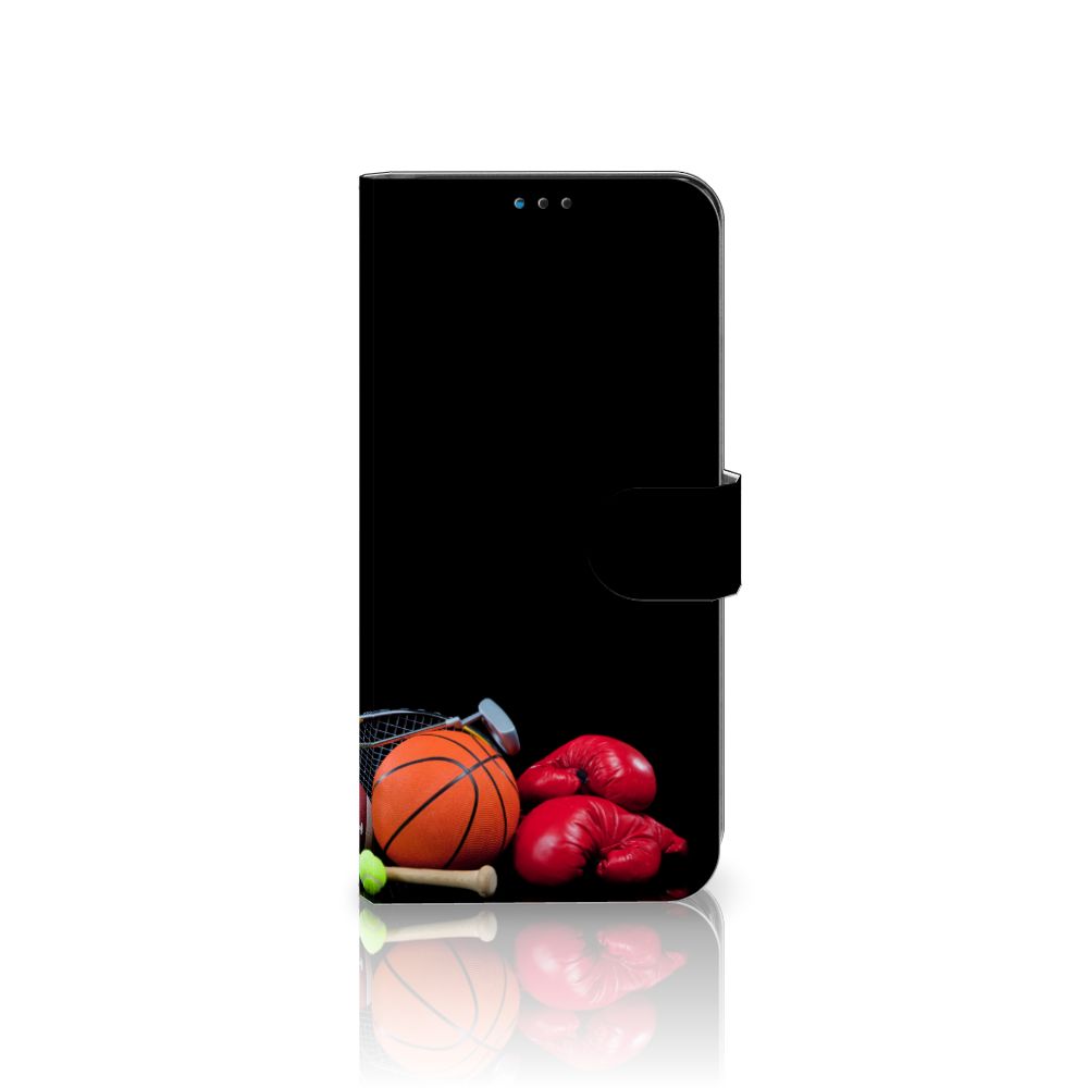 Motorola Moto G9 Play | E7 Plus Wallet Case met Pasjes Sports met sportuitrusting zoals een basketbal en bokshandschoenen.