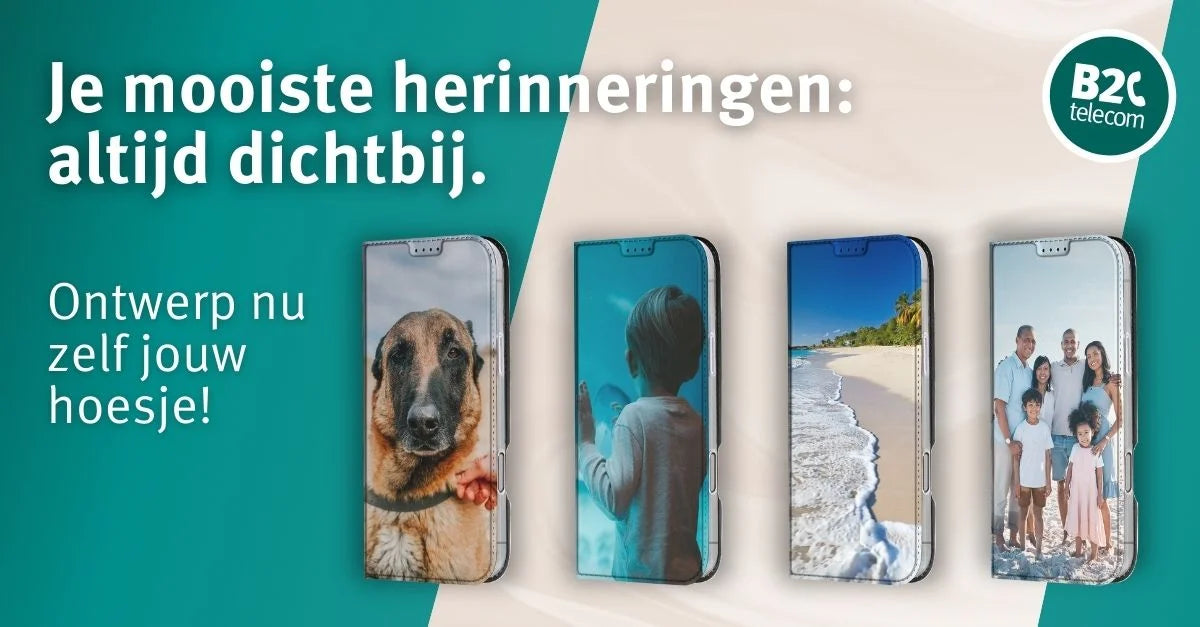 Banner met voorbeelden van gepersonaliseerde telefoonhoesjes met foto's van strand, familie en natuur - Ontwerp je eigen hoesje bij B2C Telecom