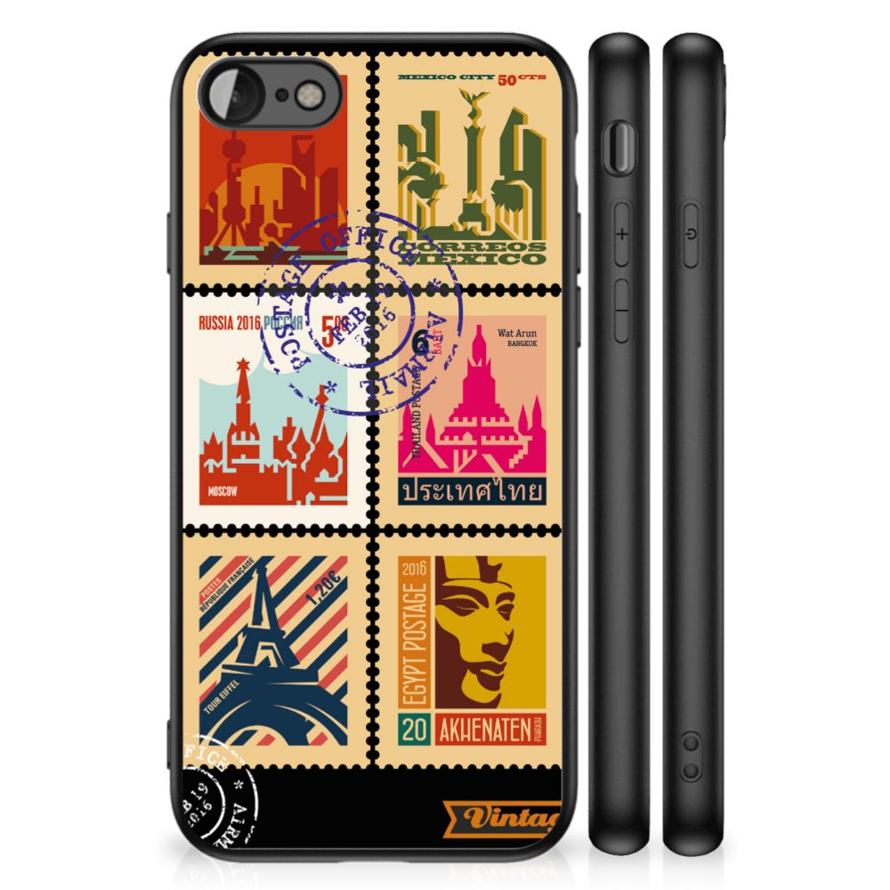 iPhone SE 2022 | SE 2020 | 7/8 TPU Backcover Postzegels met wereldreizenthema en schokabsorberend design.