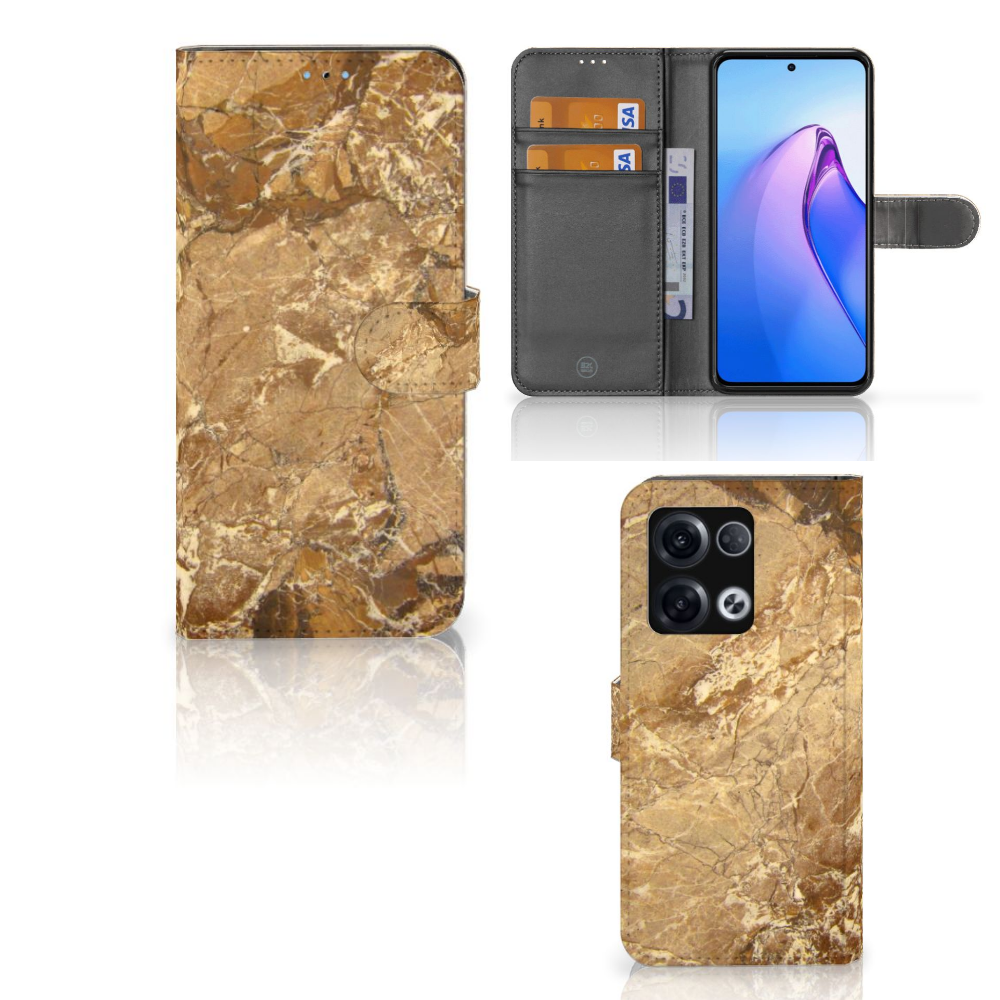OPPO Reno8 Pro Bookcase Marmer Creme met pasjes, TPU-siliconen en kunstleren buitenkant voor optimale bescherming.
