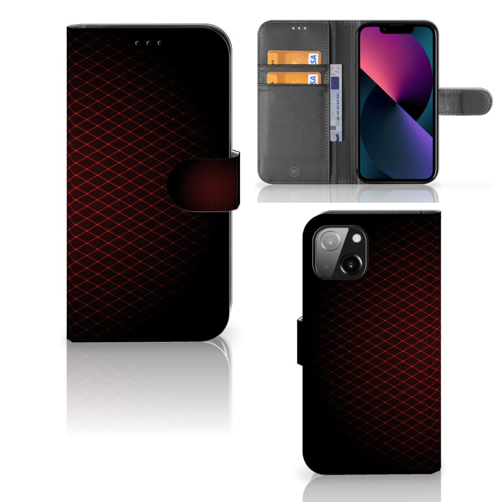Apple iPhone 13 Telefoon Hoesje Geruit Rood met ruimte voor 3 pasjes en minimalistisch design.