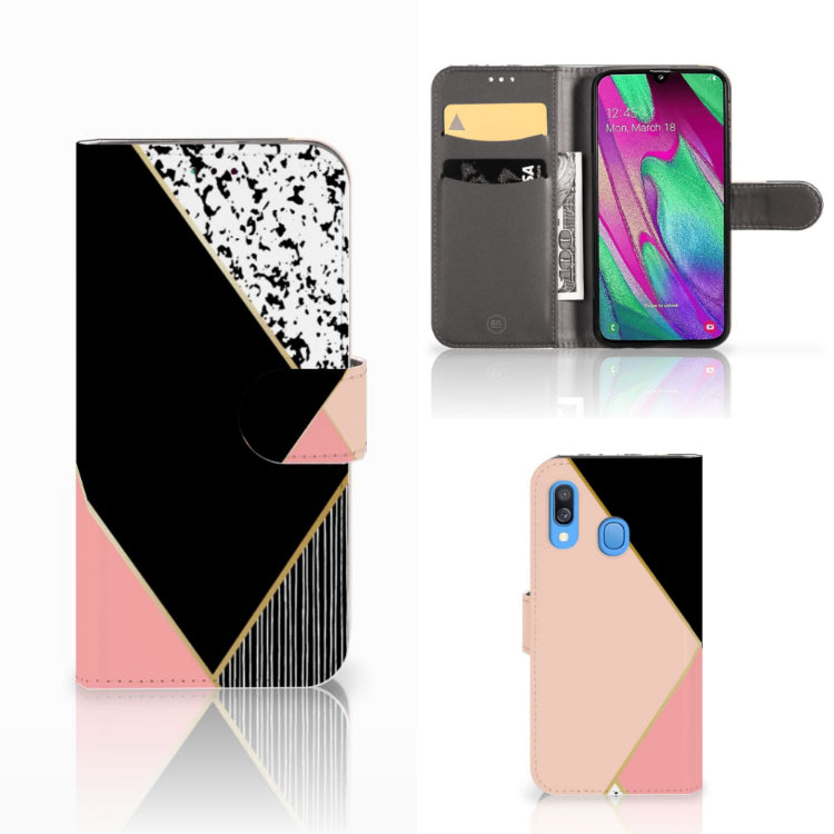 Samsung Galaxy A40 Book Case Zwart Roze Vormen