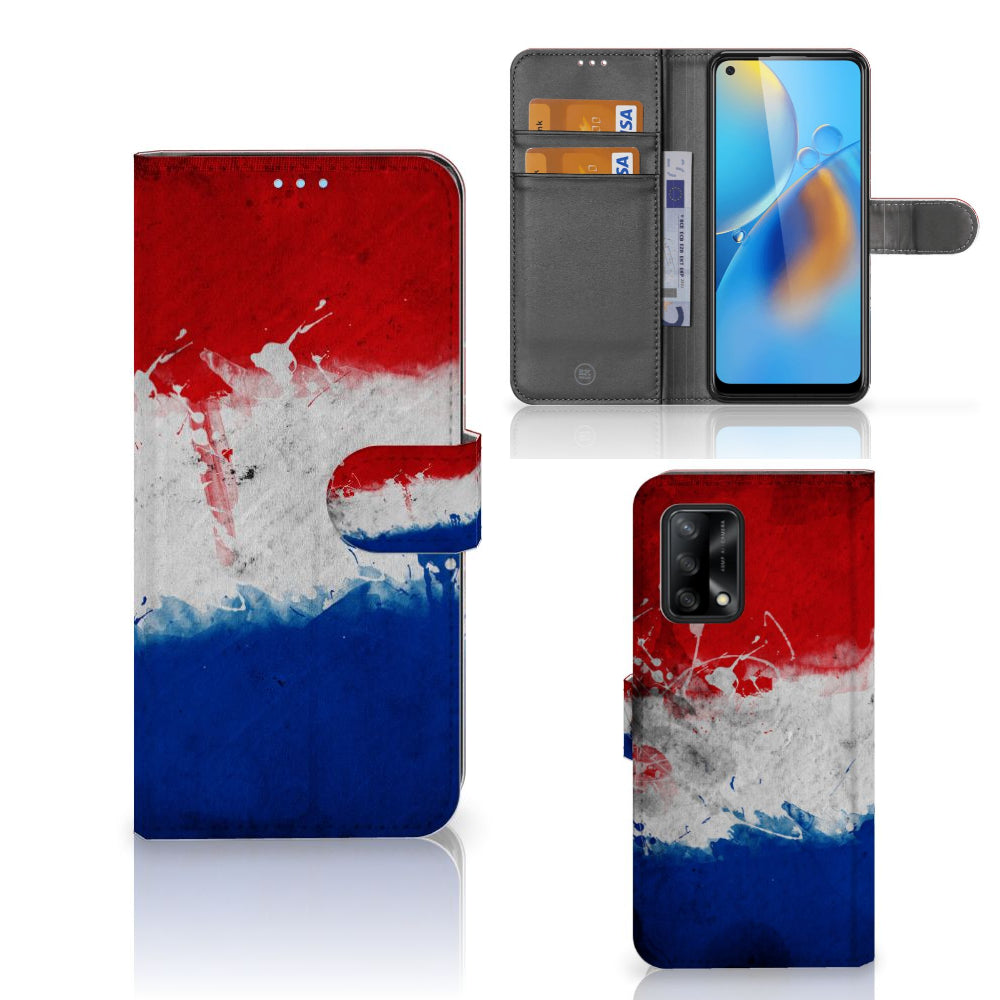 OPPO A74 4G Bookstyle Case Nederland met artistieke Nederlandse vlag ontwerp in rood, wit, en blauw.