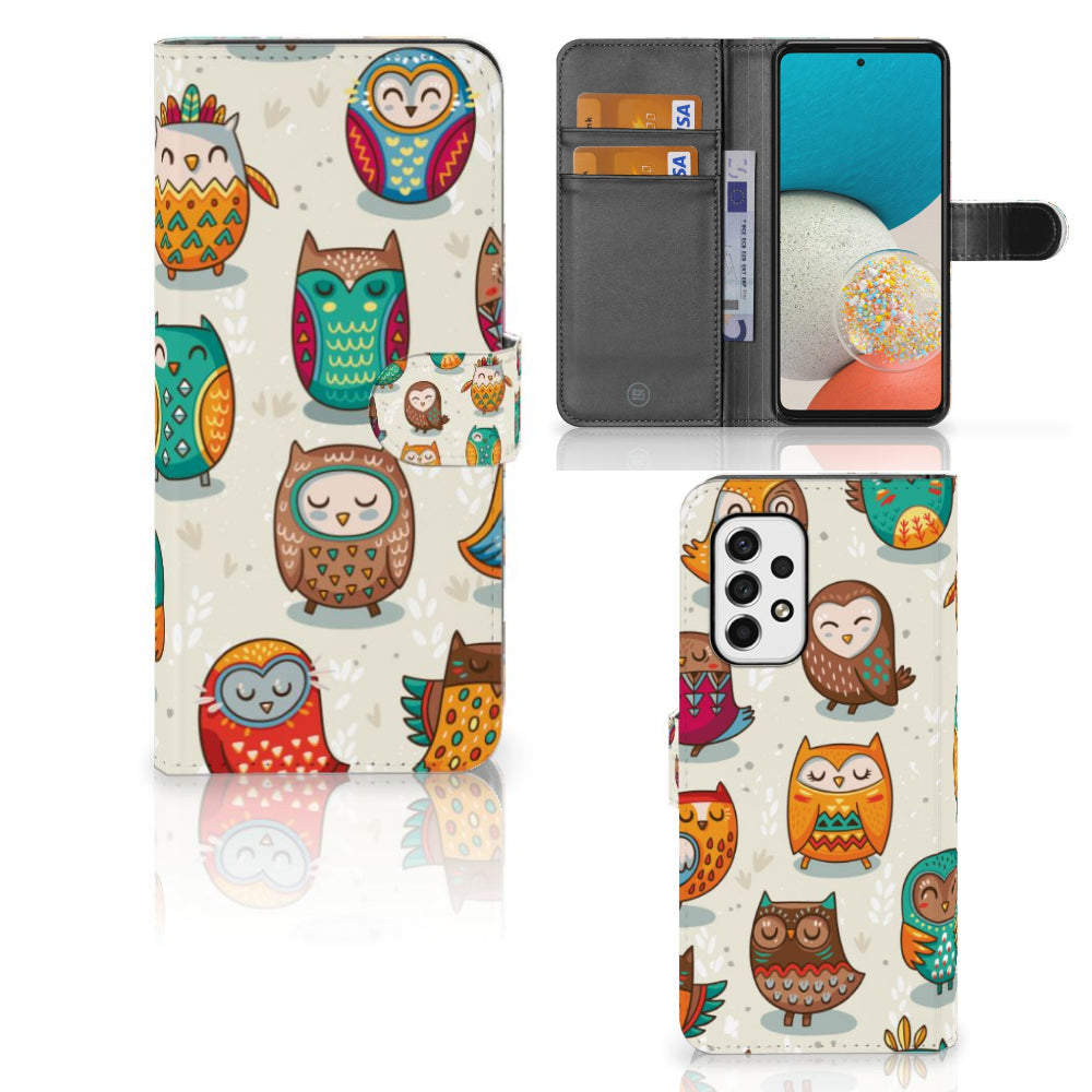 Samsung Galaxy A53 Telefoonhoesje met Pasjes Vrolijke Uilen
