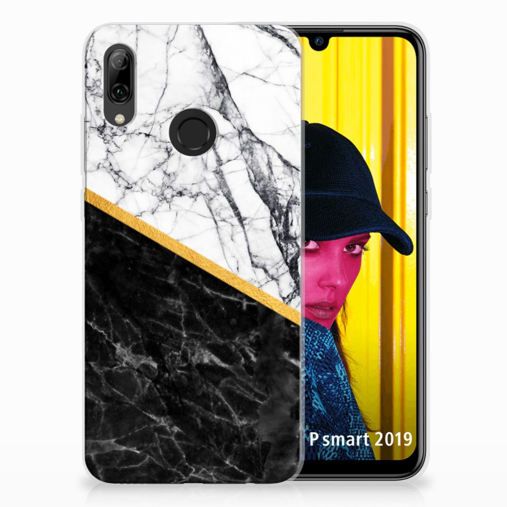 Huawei P Smart 2019 TPU Siliconen Hoesje Marmer Wit Zwart - Origineel Cadeau Man