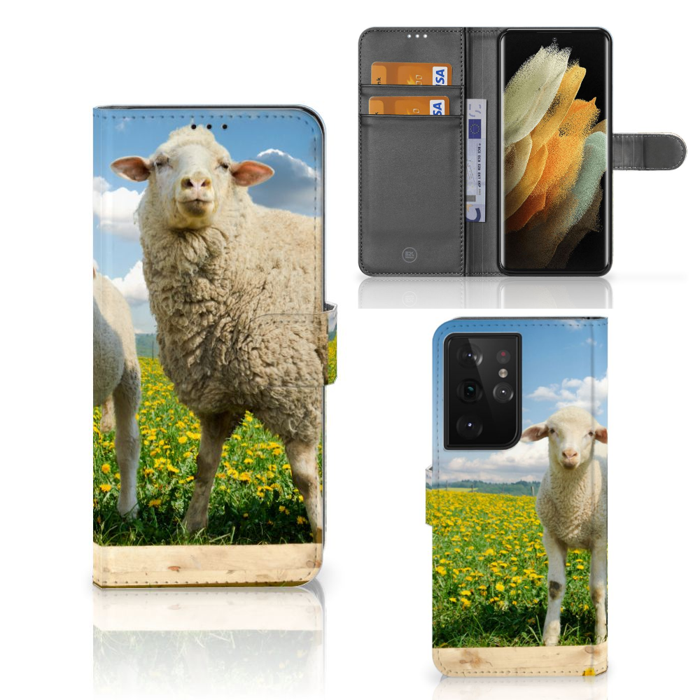 Samsung Galaxy S21 Ultra Telefoonhoesje met Pasjes Schaap en Lammetje