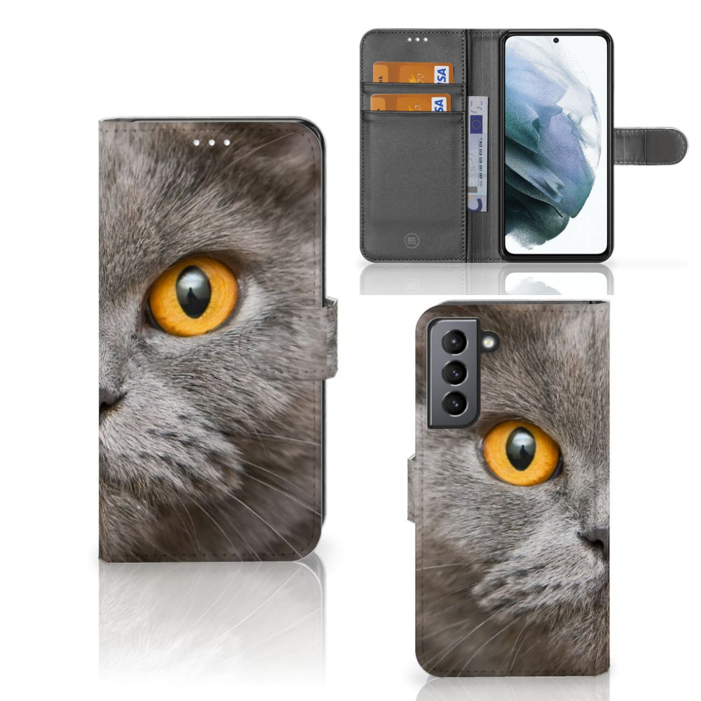 Telefoonhoesje met Pasjes Samsung Galaxy S21 FE Britse Korthaar met grijze kat en gele ogen