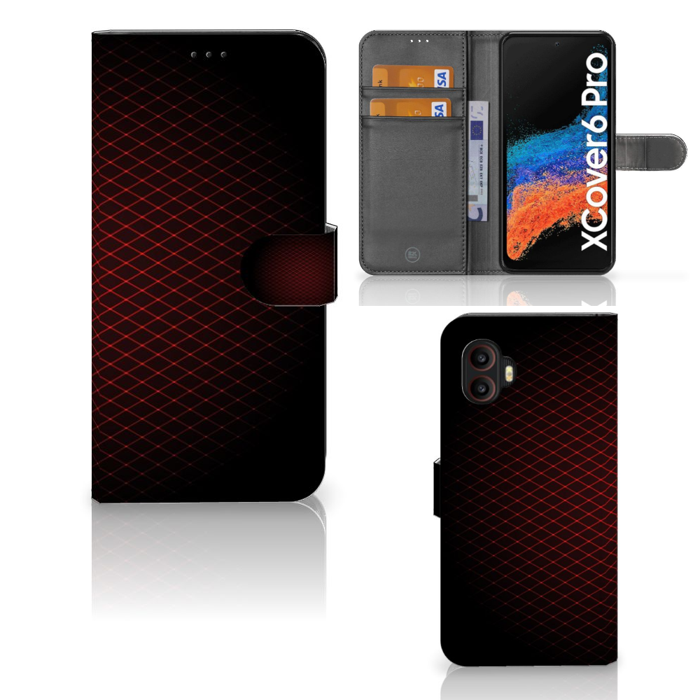 Samsung Galaxy Xcover 6 Pro Telefoon Hoesje Geruit Rood met ruimte voor 3 pasjes, minimalistisch design.